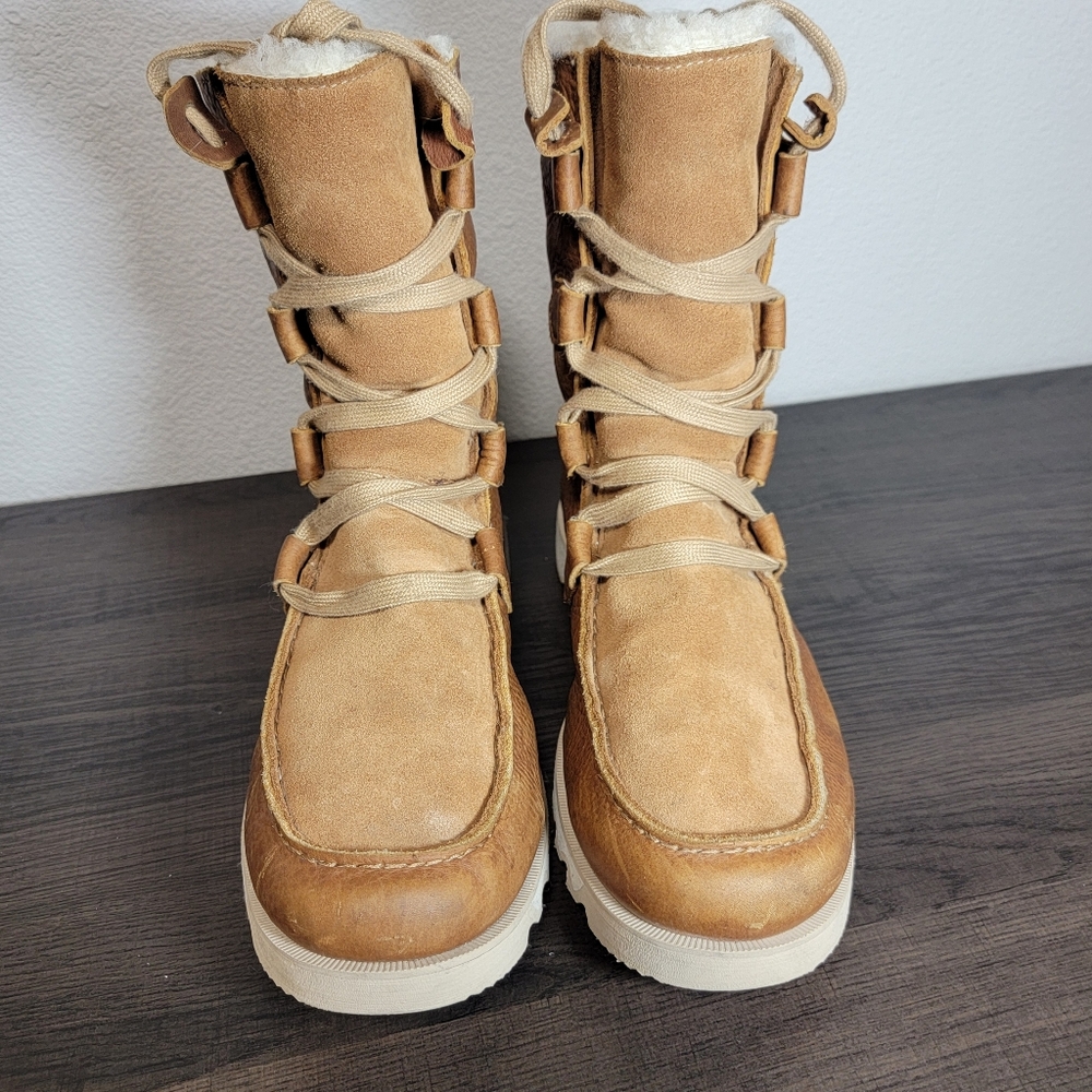 Sorel Kezar Waterproof Leather- Suede Tall Storm Sherpa Lined Laceup Boots Tan - Picture 7 of 8